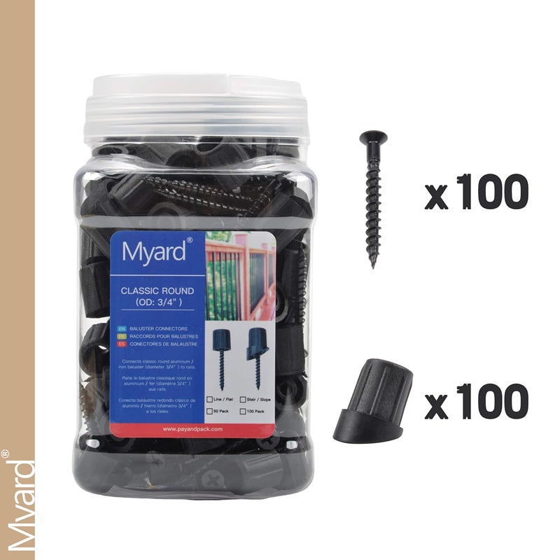 Myard 3/4" Anti-UV Black Baluster Connectors 100pcs for 50 Round Balusters with Stainless Steel Screws, for 25-35 Degree Stair. No Drilling Fast Installation for Deck Handrail Staircase Balusters - Image 3